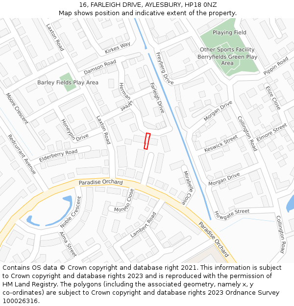 16, FARLEIGH DRIVE, AYLESBURY, HP18 0NZ: Location map and indicative extent of plot