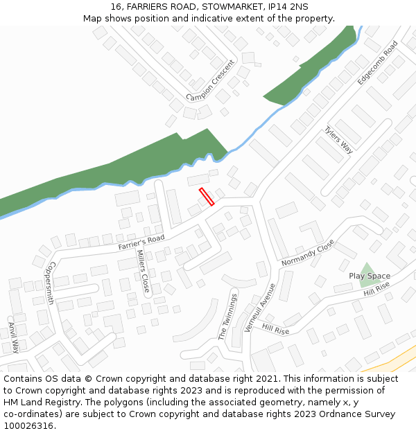 16, FARRIERS ROAD, STOWMARKET, IP14 2NS: Location map and indicative extent of plot