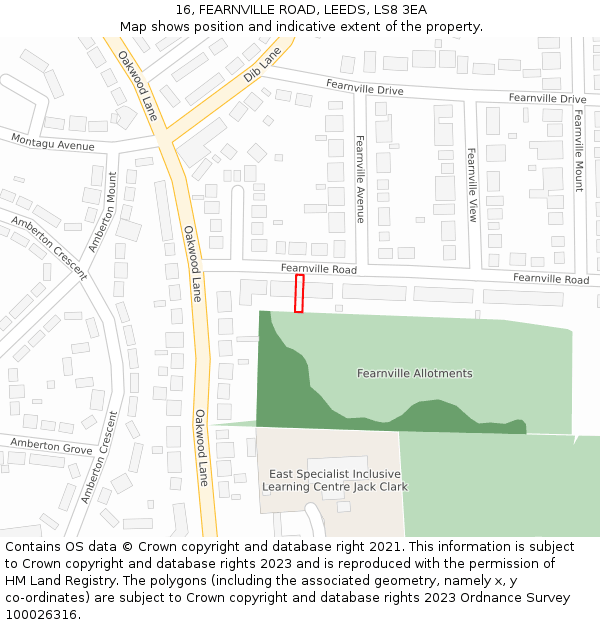 16, FEARNVILLE ROAD, LEEDS, LS8 3EA: Location map and indicative extent of plot
