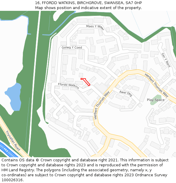 16, FFORDD WATKINS, BIRCHGROVE, SWANSEA, SA7 0HP: Location map and indicative extent of plot