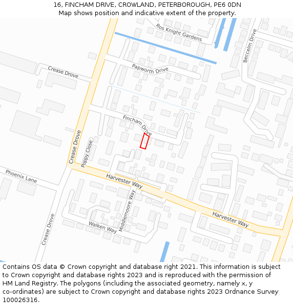 16, FINCHAM DRIVE, CROWLAND, PETERBOROUGH, PE6 0DN: Location map and indicative extent of plot