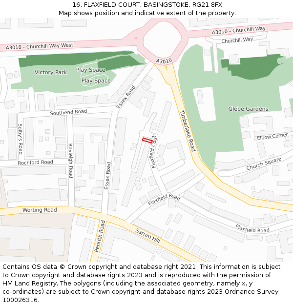 16, FLAXFIELD COURT, BASINGSTOKE, RG21 8FX: Location map and indicative extent of plot