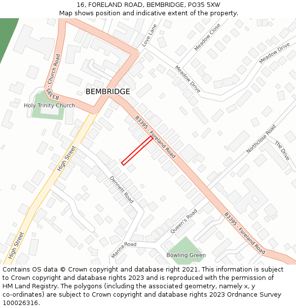 16, FORELAND ROAD, BEMBRIDGE, PO35 5XW: Location map and indicative extent of plot