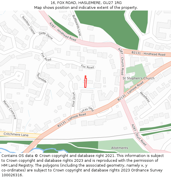 16, FOX ROAD, HASLEMERE, GU27 1RG: Location map and indicative extent of plot