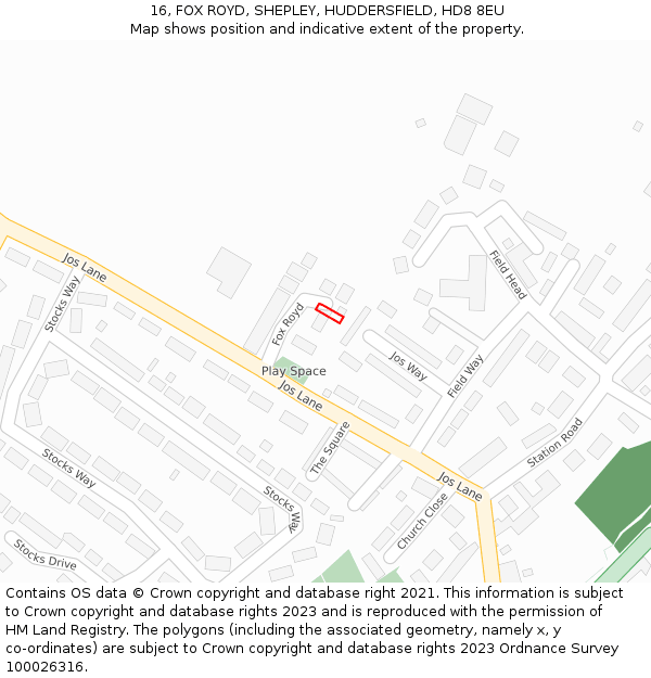 16, FOX ROYD, SHEPLEY, HUDDERSFIELD, HD8 8EU: Location map and indicative extent of plot