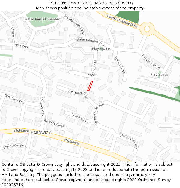 16, FRENSHAM CLOSE, BANBURY, OX16 1FQ: Location map and indicative extent of plot