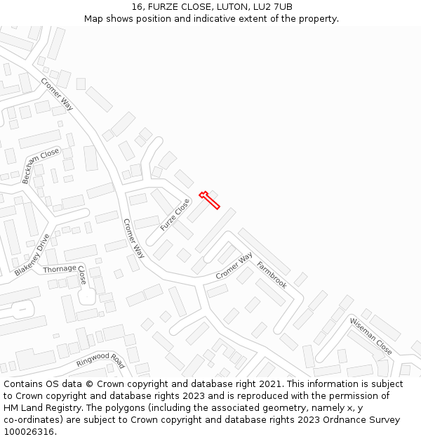 16, FURZE CLOSE, LUTON, LU2 7UB: Location map and indicative extent of plot