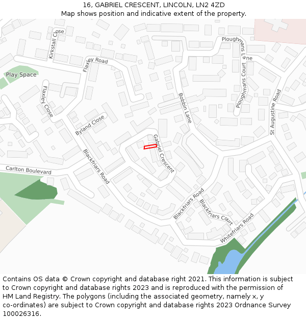 16, GABRIEL CRESCENT, LINCOLN, LN2 4ZD: Location map and indicative extent of plot