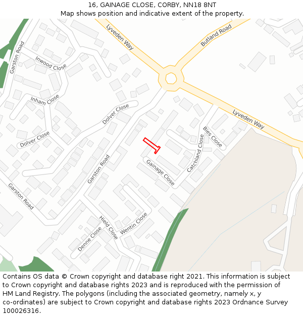 16, GAINAGE CLOSE, CORBY, NN18 8NT: Location map and indicative extent of plot