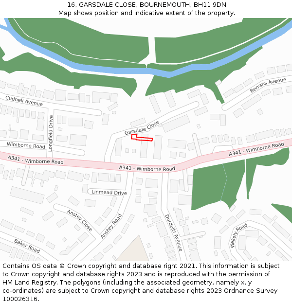 16, GARSDALE CLOSE, BOURNEMOUTH, BH11 9DN: Location map and indicative extent of plot