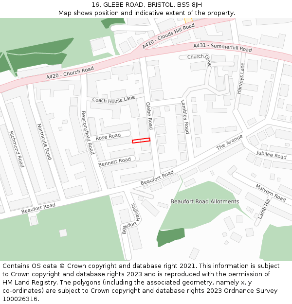 16, GLEBE ROAD, BRISTOL, BS5 8JH: Location map and indicative extent of plot