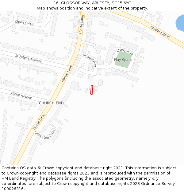 16, GLOSSOP WAY, ARLESEY, SG15 6YG: Location map and indicative extent of plot