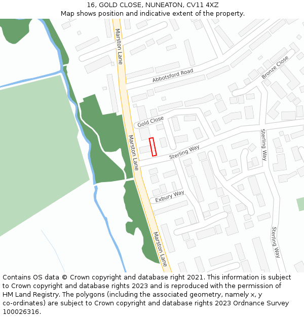 16, GOLD CLOSE, NUNEATON, CV11 4XZ: Location map and indicative extent of plot
