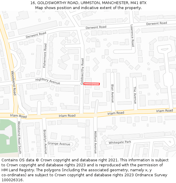 16, GOLDSWORTHY ROAD, URMSTON, MANCHESTER, M41 8TX: Location map and indicative extent of plot