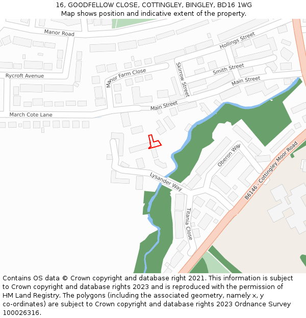 16, GOODFELLOW CLOSE, COTTINGLEY, BINGLEY, BD16 1WG: Location map and indicative extent of plot