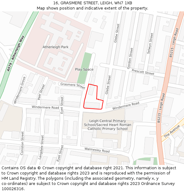 16, GRASMERE STREET, LEIGH, WN7 1XB: Location map and indicative extent of plot
