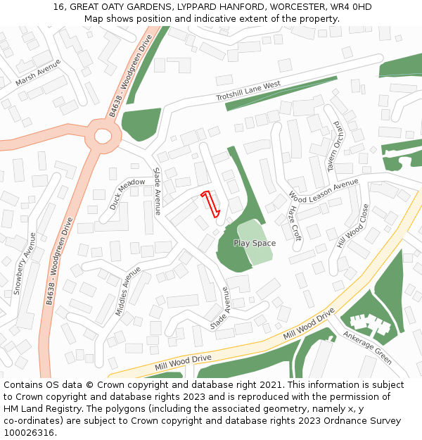 16, GREAT OATY GARDENS, LYPPARD HANFORD, WORCESTER, WR4 0HD: Location map and indicative extent of plot