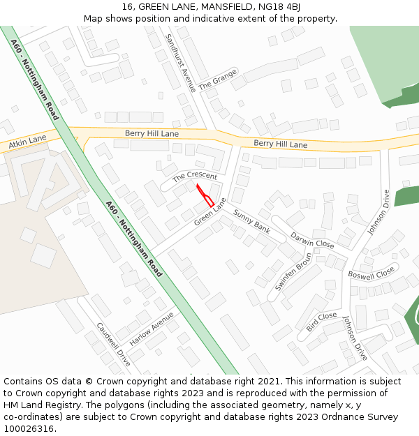 16, GREEN LANE, MANSFIELD, NG18 4BJ: Location map and indicative extent of plot