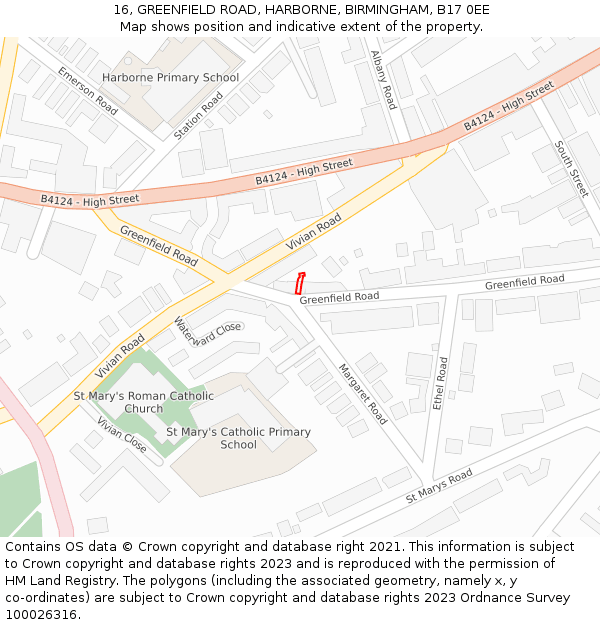 16, GREENFIELD ROAD, HARBORNE, BIRMINGHAM, B17 0EE: Location map and indicative extent of plot