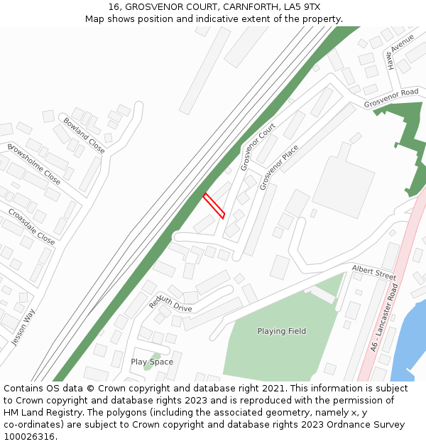 16, GROSVENOR COURT, CARNFORTH, LA5 9TX: Location map and indicative extent of plot