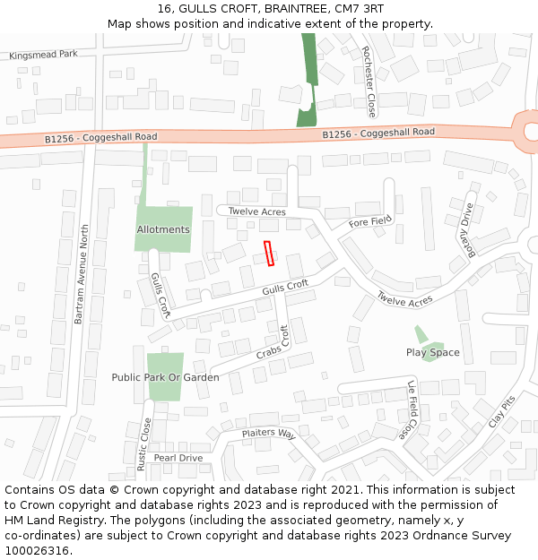 16, GULLS CROFT, BRAINTREE, CM7 3RT: Location map and indicative extent of plot