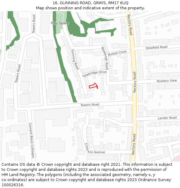 16, GUNNING ROAD, GRAYS, RM17 6UQ: Location map and indicative extent of plot