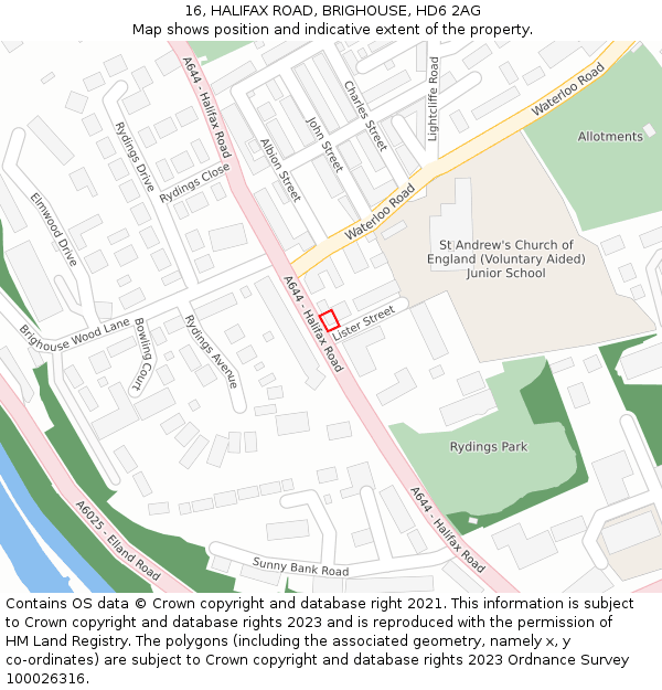 16, HALIFAX ROAD, BRIGHOUSE, HD6 2AG: Location map and indicative extent of plot