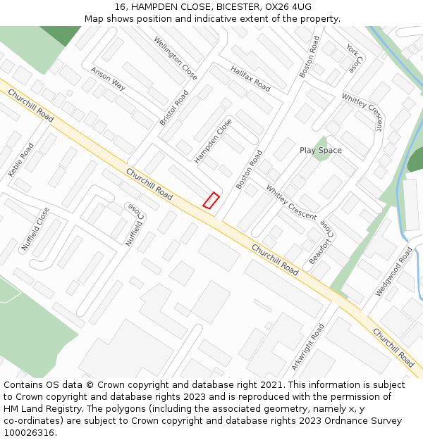 16, HAMPDEN CLOSE, BICESTER, OX26 4UG: Location map and indicative extent of plot