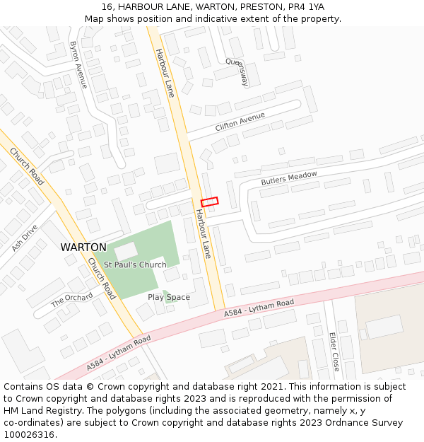 16, HARBOUR LANE, WARTON, PRESTON, PR4 1YA: Location map and indicative extent of plot