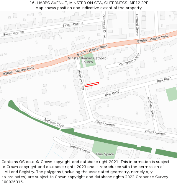 16, HARPS AVENUE, MINSTER ON SEA, SHEERNESS, ME12 3PF: Location map and indicative extent of plot