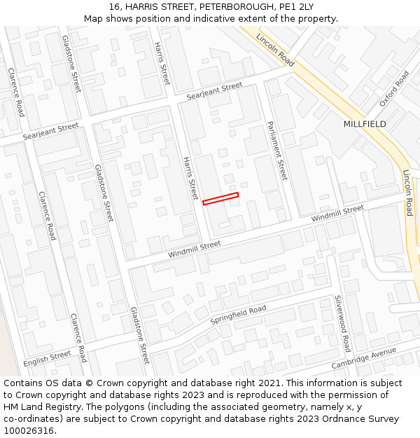 16, HARRIS STREET, PETERBOROUGH, PE1 2LY: Location map and indicative extent of plot