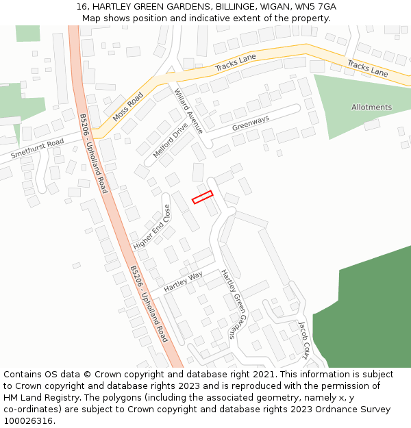 16, HARTLEY GREEN GARDENS, BILLINGE, WIGAN, WN5 7GA: Location map and indicative extent of plot