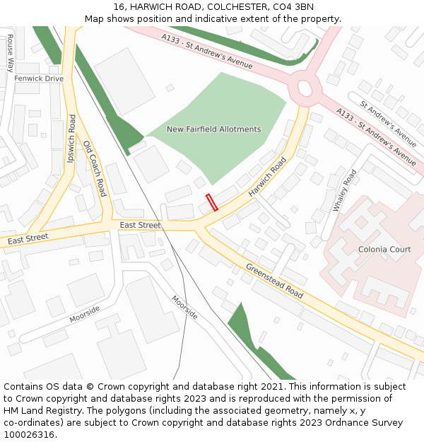 16, HARWICH ROAD, COLCHESTER, CO4 3BN: Location map and indicative extent of plot