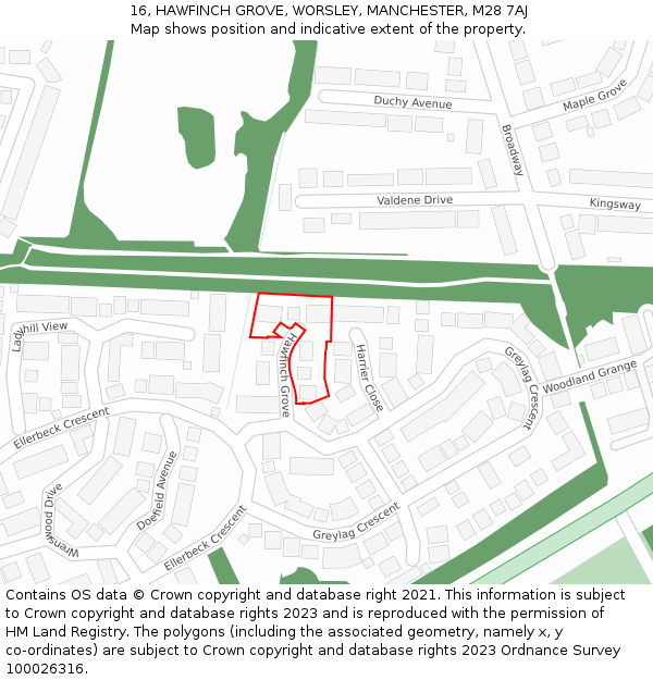16, HAWFINCH GROVE, WORSLEY, MANCHESTER, M28 7AJ: Location map and indicative extent of plot