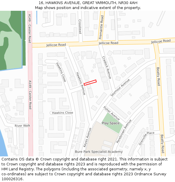 16, HAWKINS AVENUE, GREAT YARMOUTH, NR30 4AH: Location map and indicative extent of plot