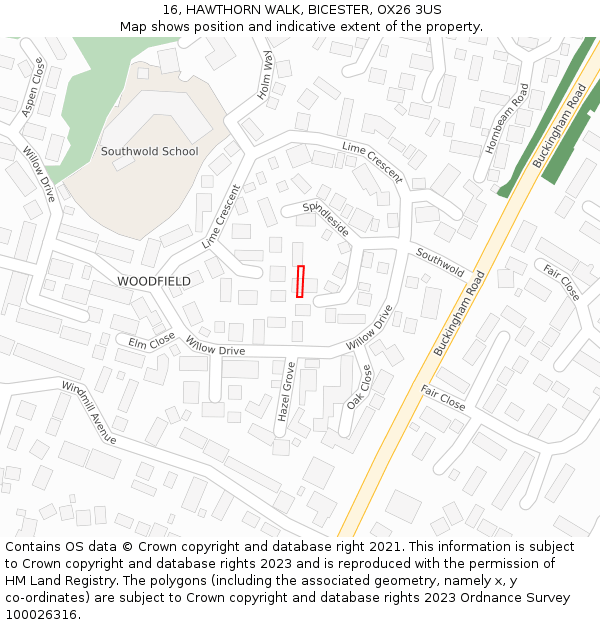 16, HAWTHORN WALK, BICESTER, OX26 3US: Location map and indicative extent of plot