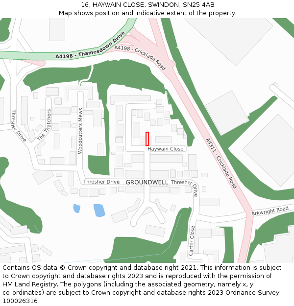 16, HAYWAIN CLOSE, SWINDON, SN25 4AB: Location map and indicative extent of plot