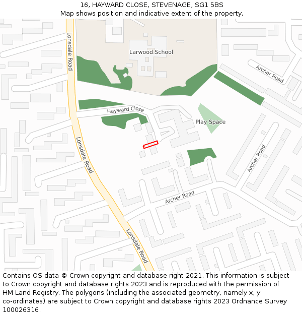 16, HAYWARD CLOSE, STEVENAGE, SG1 5BS: Location map and indicative extent of plot