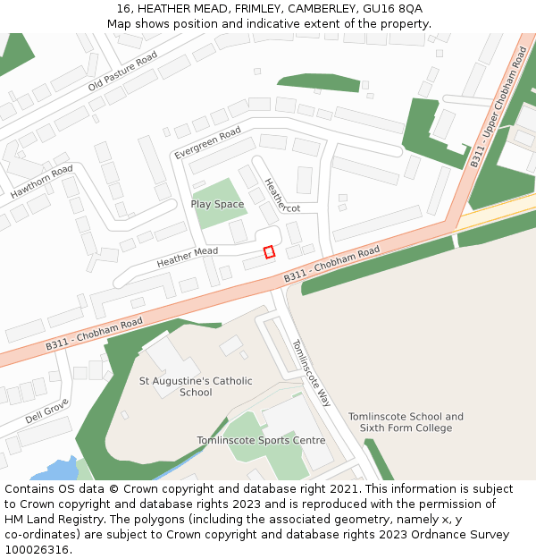 16, HEATHER MEAD, FRIMLEY, CAMBERLEY, GU16 8QA: Location map and indicative extent of plot