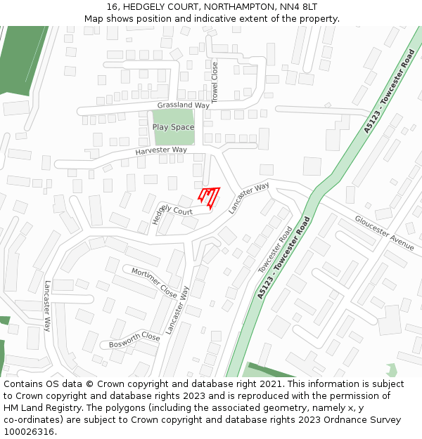 16, HEDGELY COURT, NORTHAMPTON, NN4 8LT: Location map and indicative extent of plot