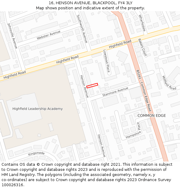 16, HENSON AVENUE, BLACKPOOL, FY4 3LY: Location map and indicative extent of plot