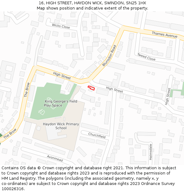 16, HIGH STREET, HAYDON WICK, SWINDON, SN25 1HX: Location map and indicative extent of plot