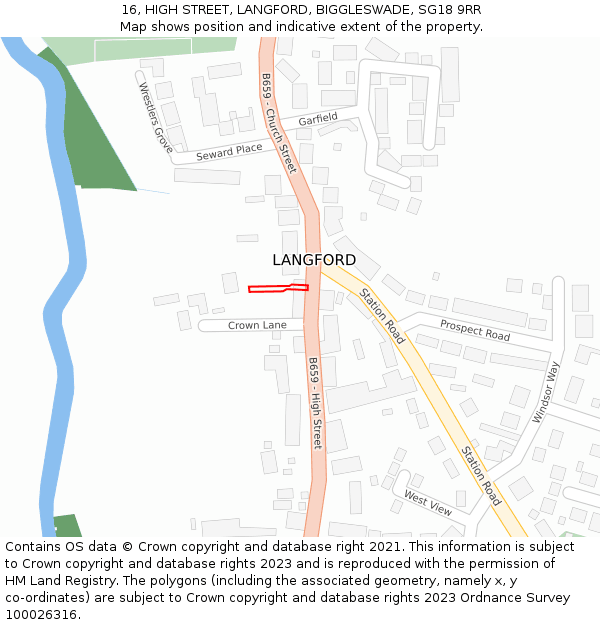 16, HIGH STREET, LANGFORD, BIGGLESWADE, SG18 9RR: Location map and indicative extent of plot