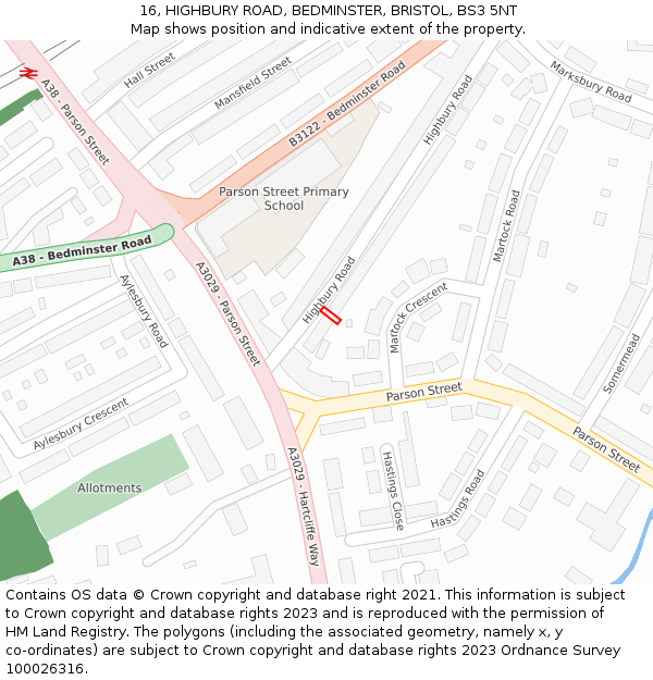 16, HIGHBURY ROAD, BEDMINSTER, BRISTOL, BS3 5NT: Location map and indicative extent of plot