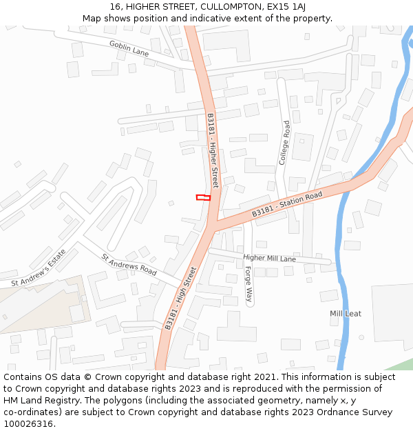 16, HIGHER STREET, CULLOMPTON, EX15 1AJ: Location map and indicative extent of plot