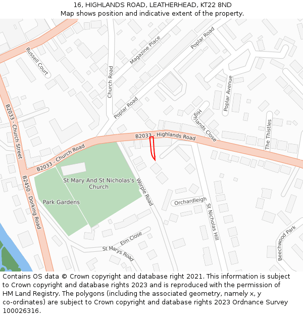 16, HIGHLANDS ROAD, LEATHERHEAD, KT22 8ND: Location map and indicative extent of plot