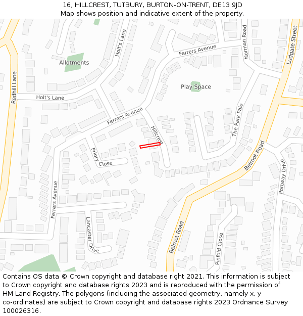 16, HILLCREST, TUTBURY, BURTON-ON-TRENT, DE13 9JD: Location map and indicative extent of plot