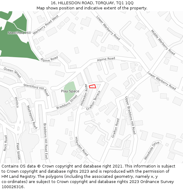 16, HILLESDON ROAD, TORQUAY, TQ1 1QQ: Location map and indicative extent of plot