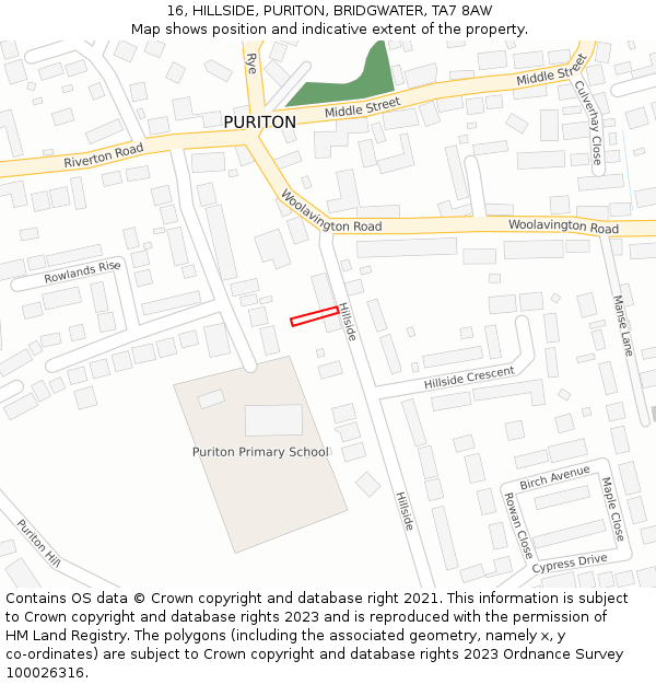 16, HILLSIDE, PURITON, BRIDGWATER, TA7 8AW: Location map and indicative extent of plot
