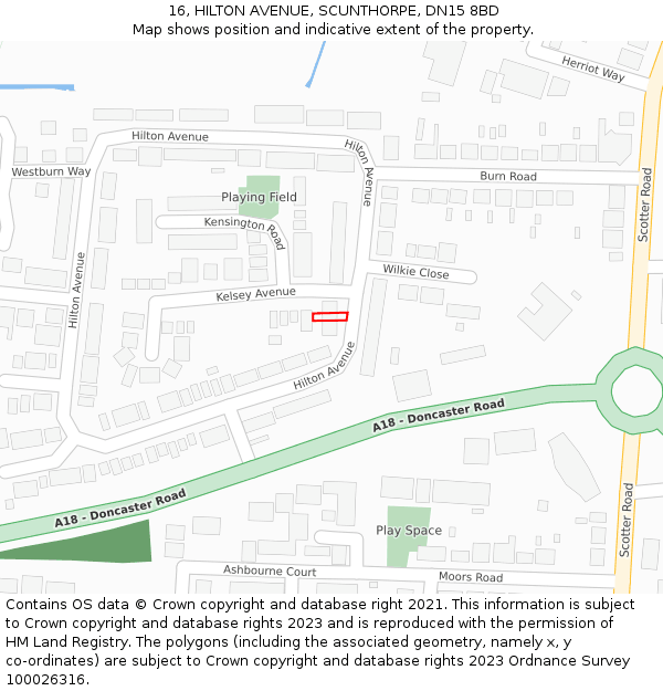 16, HILTON AVENUE, SCUNTHORPE, DN15 8BD: Location map and indicative extent of plot